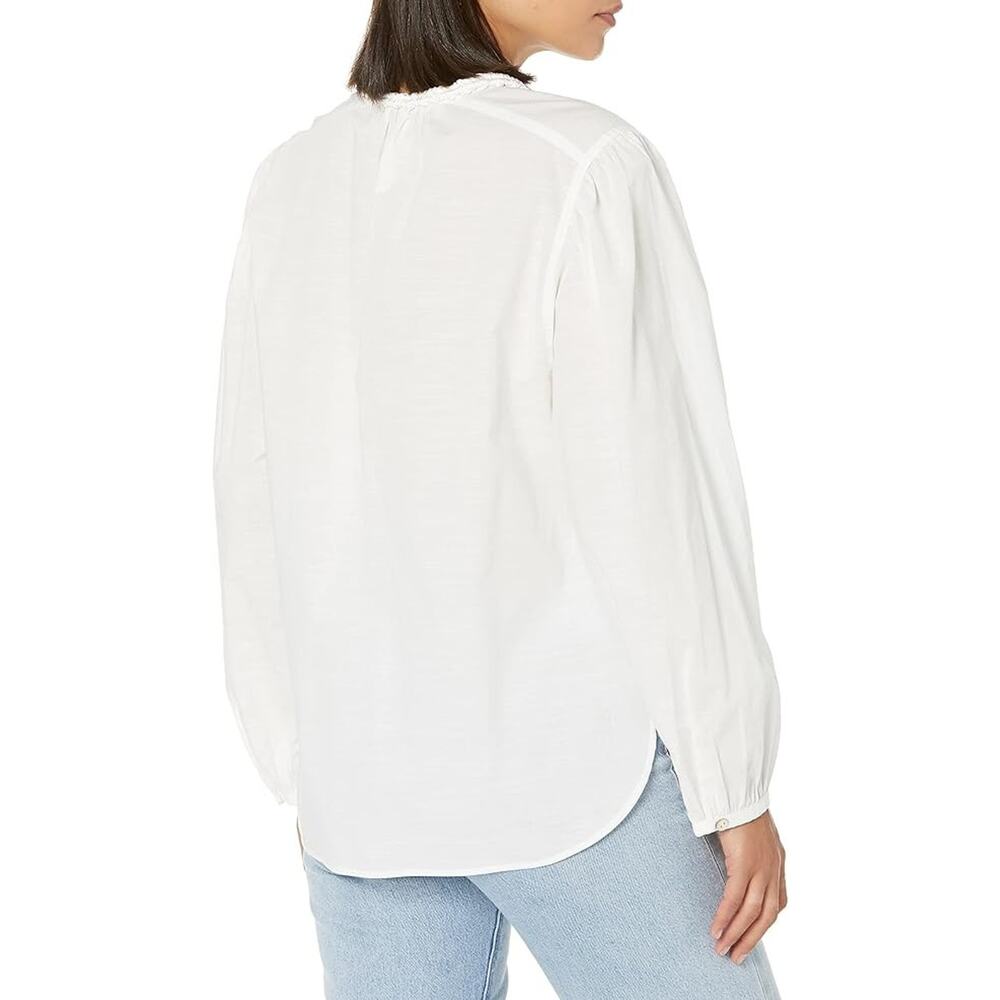 Vince Women's Braid Trim Band Collar Blouse White Button up Top Deep V-Neck XL - Picture 11 of 16